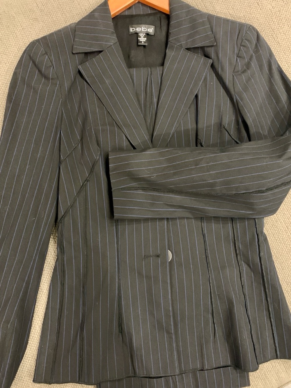 Bebe Black with Baby Blue Pinstripe Tailored Women’s 3 Piece Suit